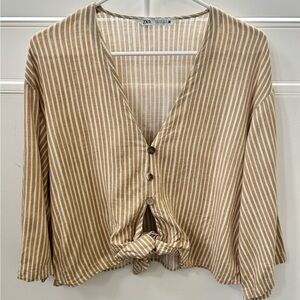 Zara Women's Beige/Mustard Striped Button-Down Shirt